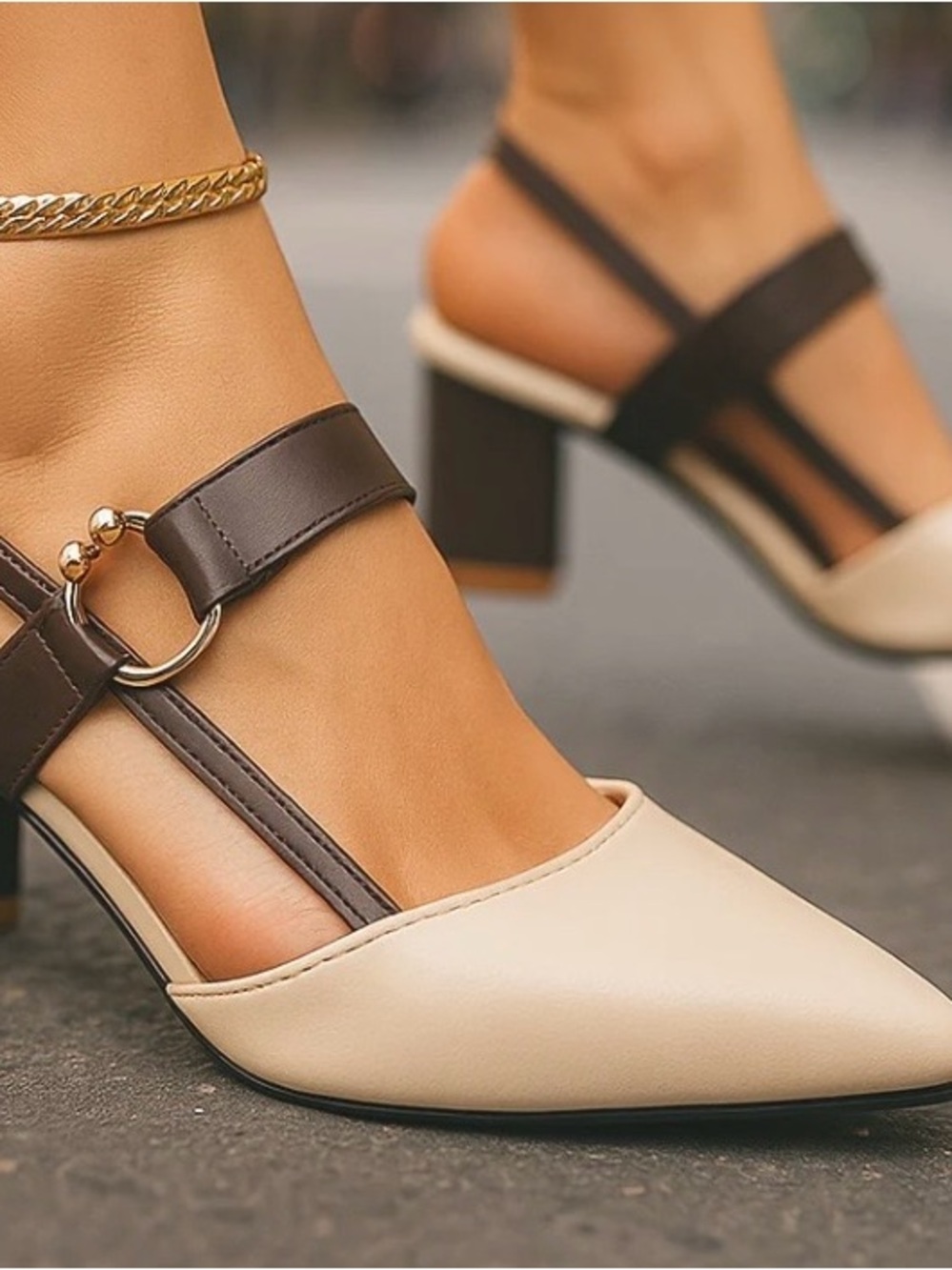 Women’s Two-Tone Beige and Brown Block Heel Slingback Pumps